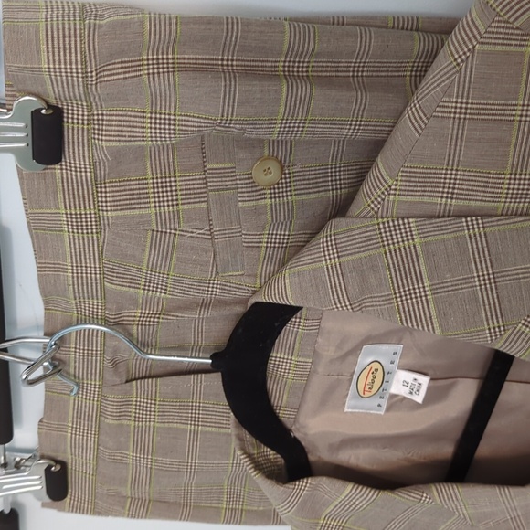 Talbots Sz 12 Petite Tan Cotton Linen Plaid Pantsuit - Picture 6 of 6